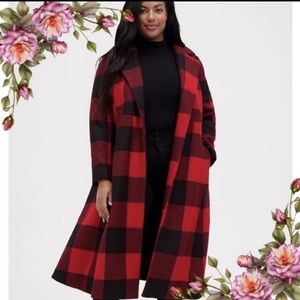 NWT SELF-TIE FIT & FLARE LONGLINE COAT - STRETCH WOVEN PLAID RED SZ 3